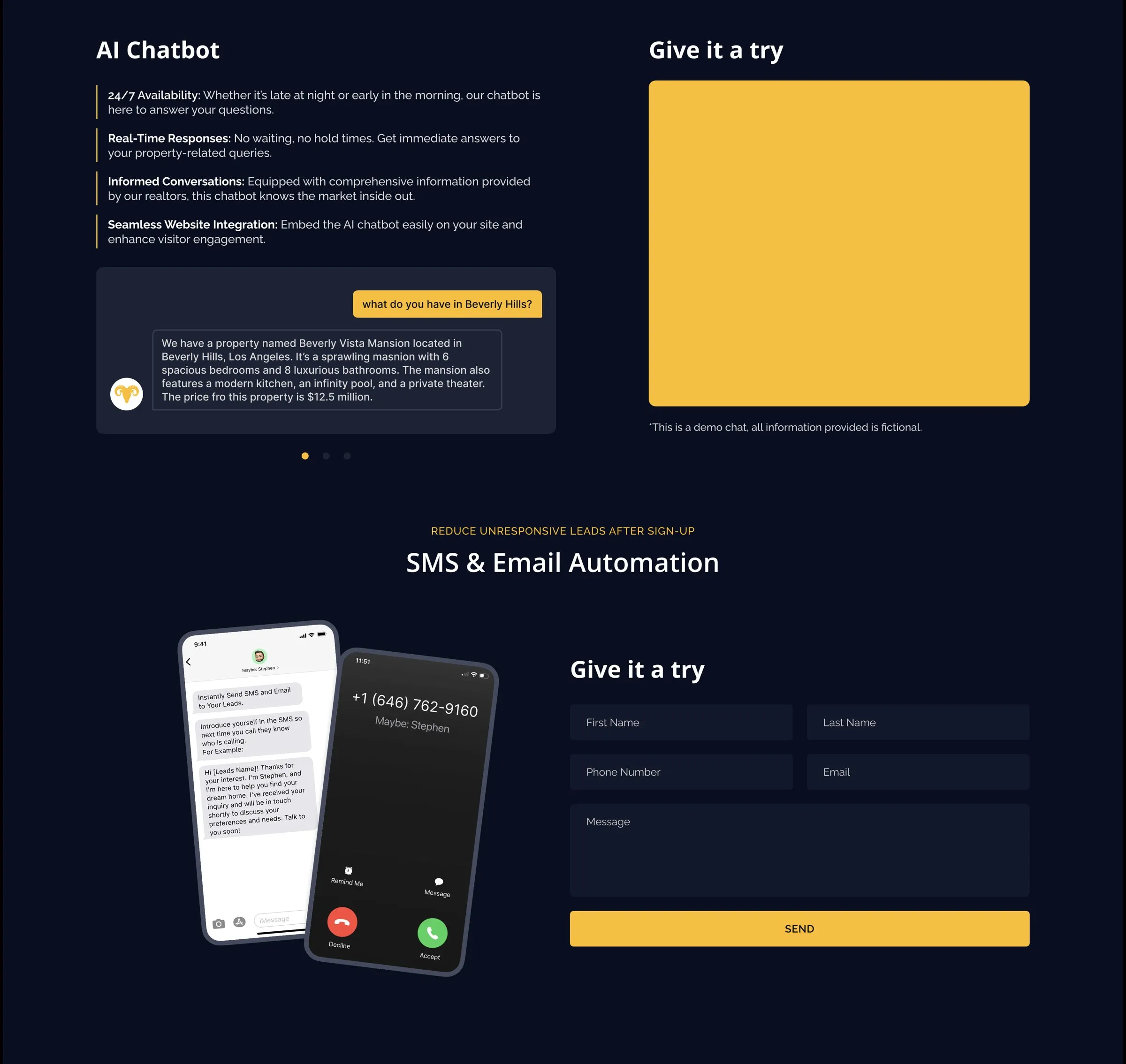 AI chatbot demo and SMS and email automation section
