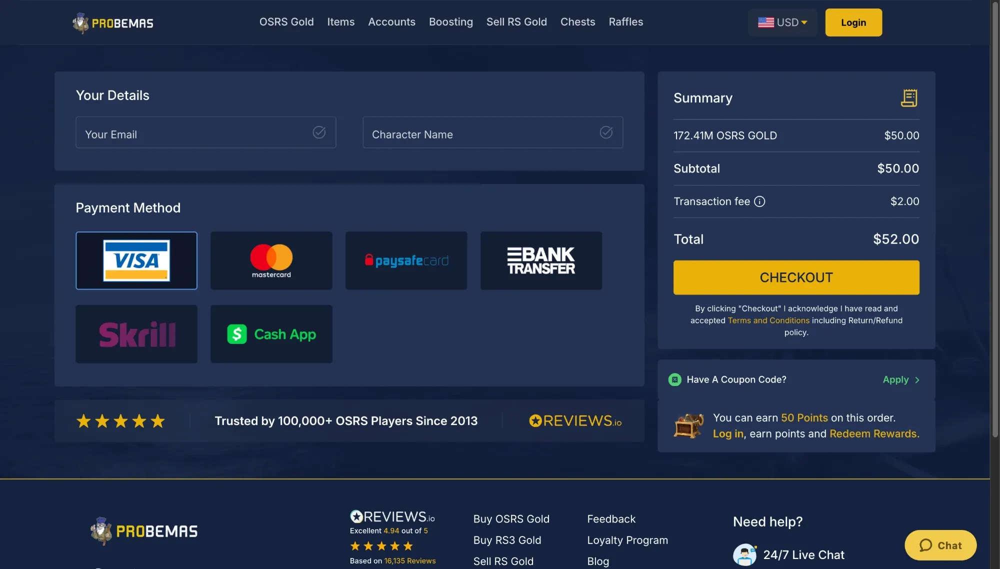 One-page checkout for an OSRS gold order: email, character name, payment tiles and summary