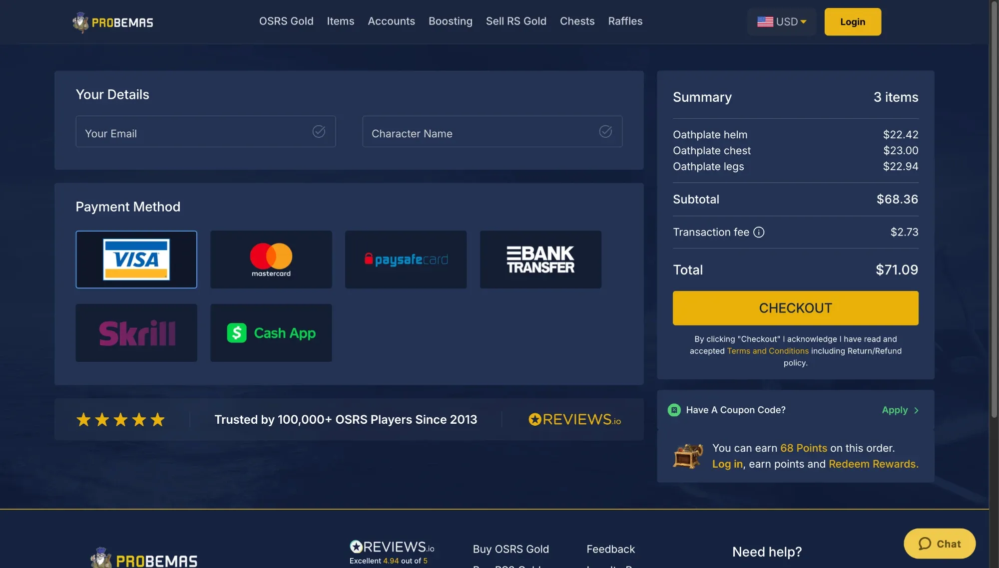 The same checkout with three items in the summary and loyalty points for the order