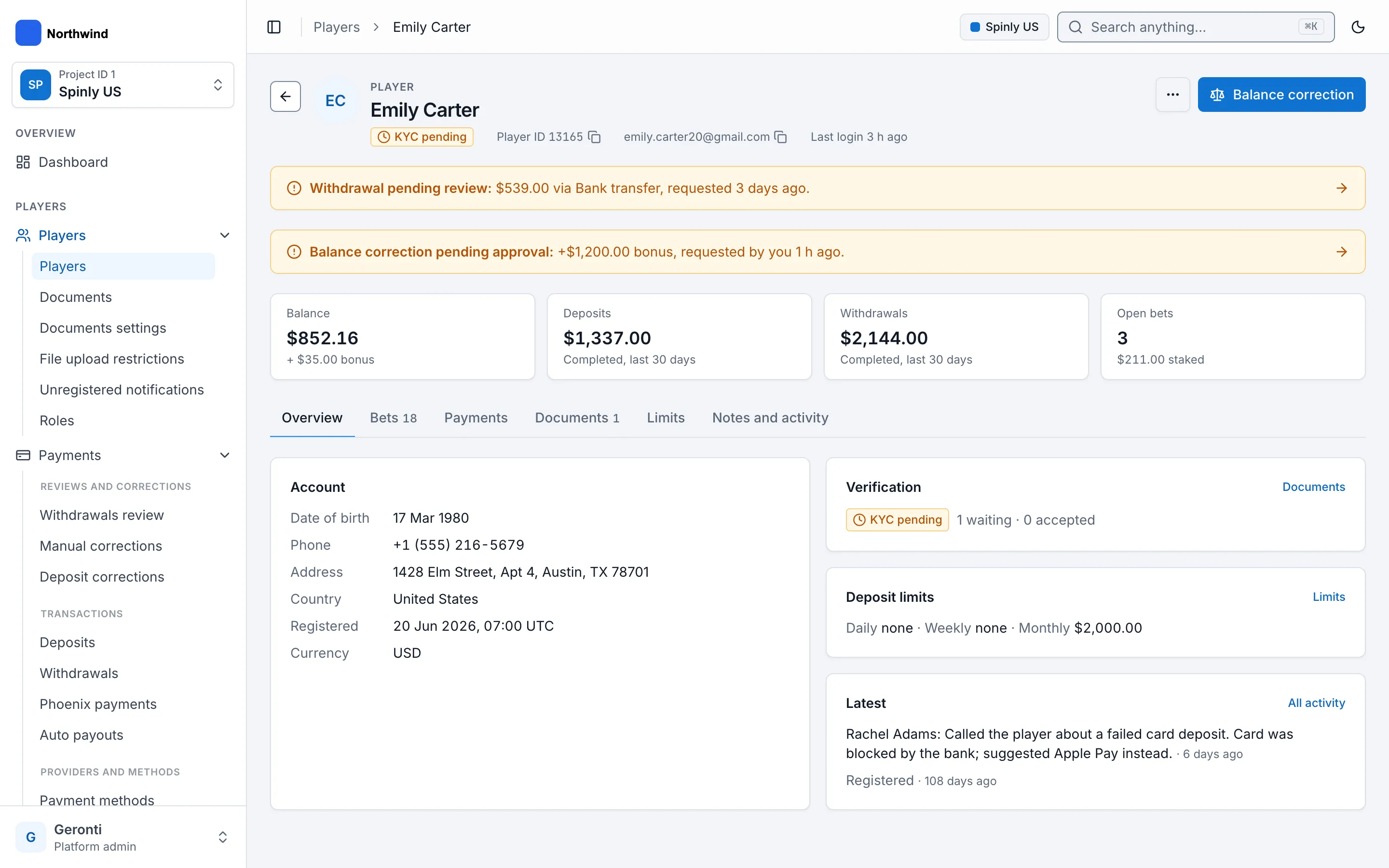 Client profile with pending withdrawal and balance correction banners