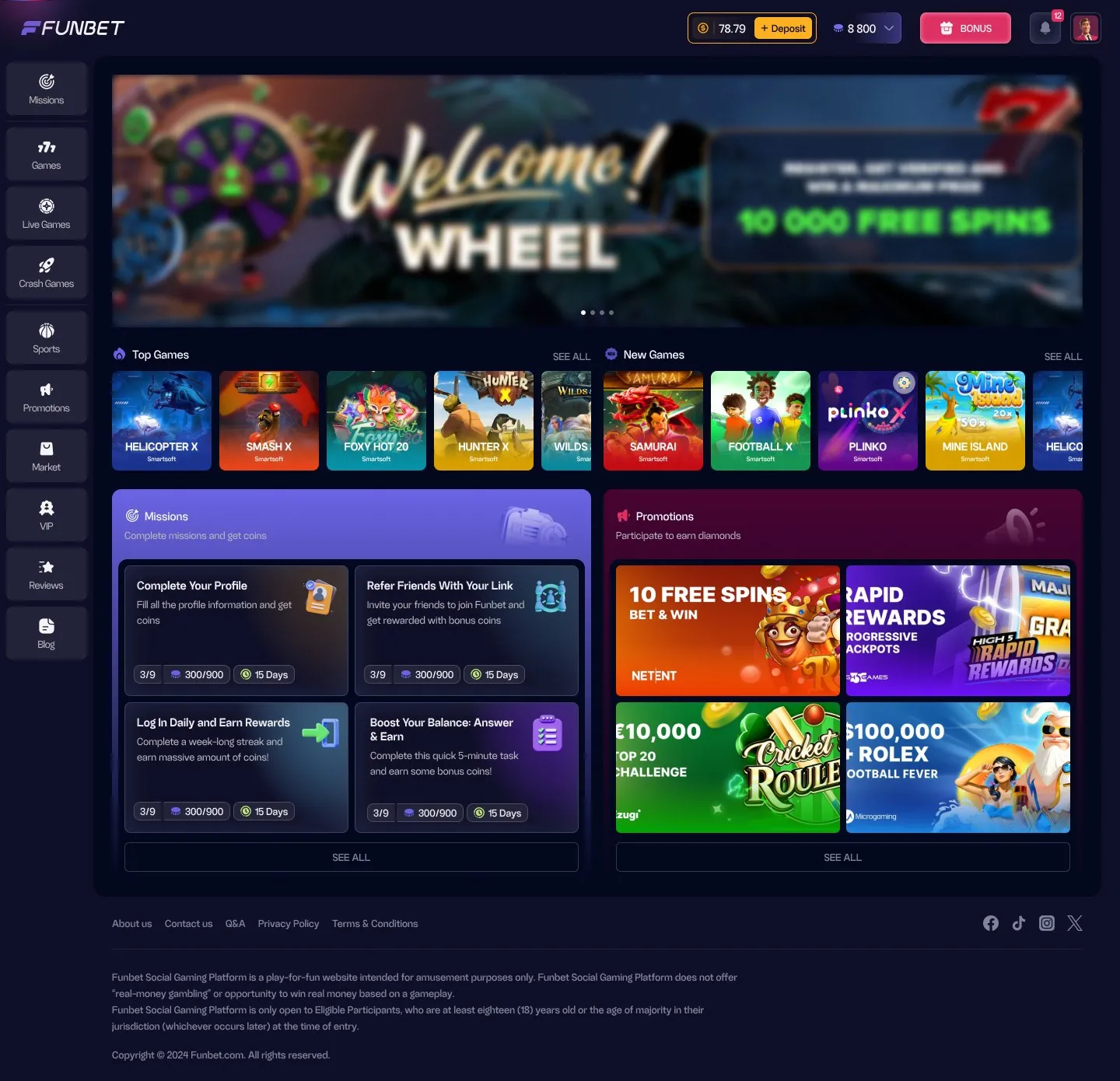 Social casino lobby: welcome banner, top and new games, missions and promotions