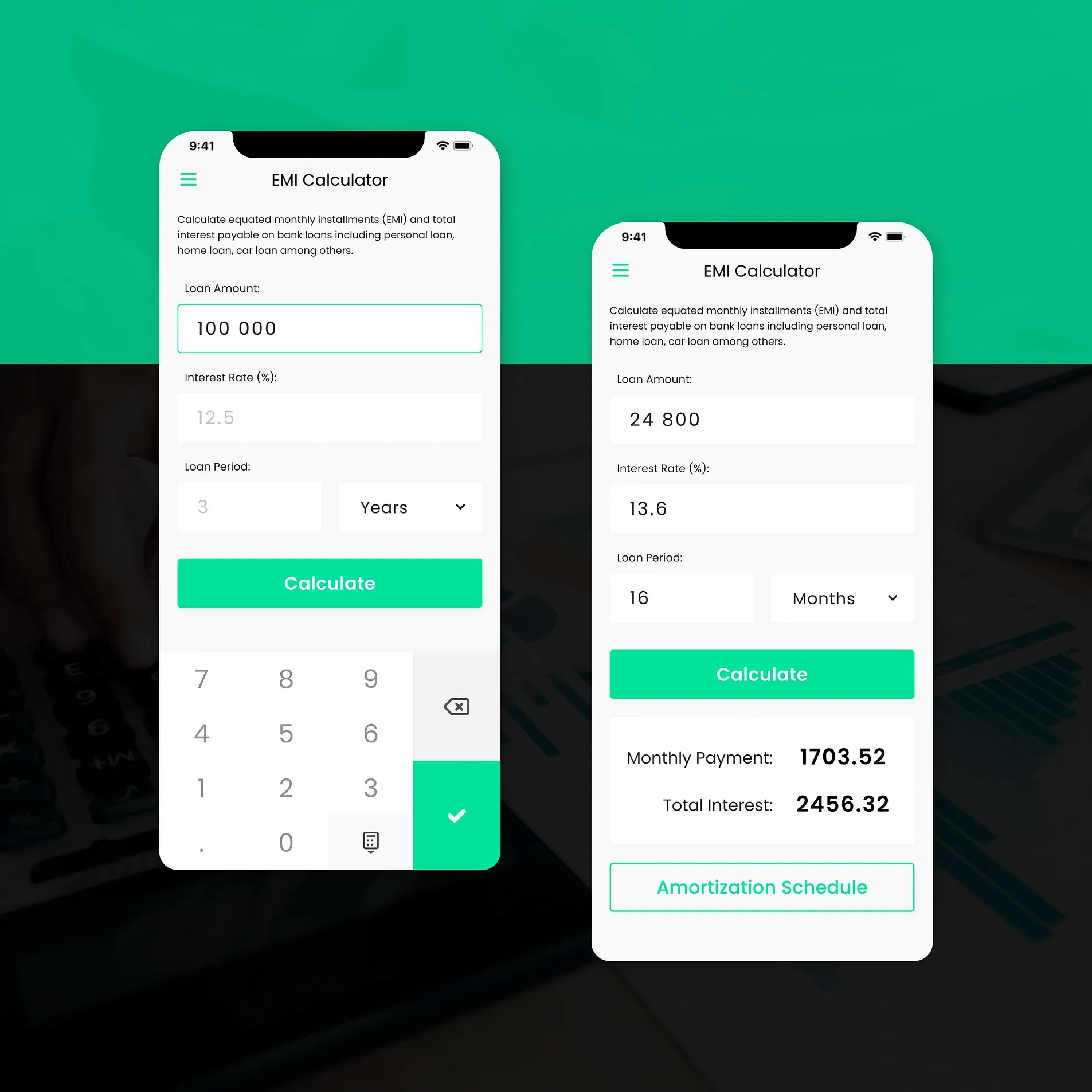 Loan EMI calculator app screens