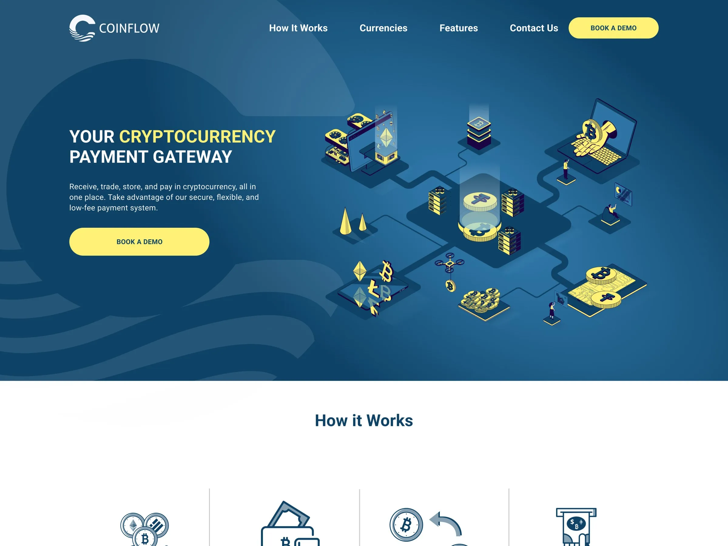 Coinflow landing page hero: Your cryptocurrency payment gateway, with an isometric illustration