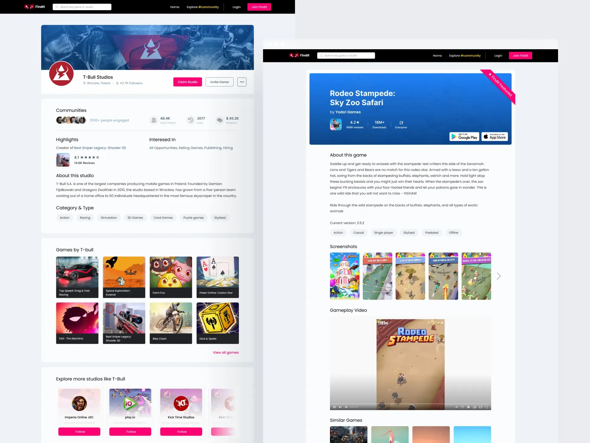 Findit studio profile for T-Bull Studios next to a game page for Rodeo Stampede
