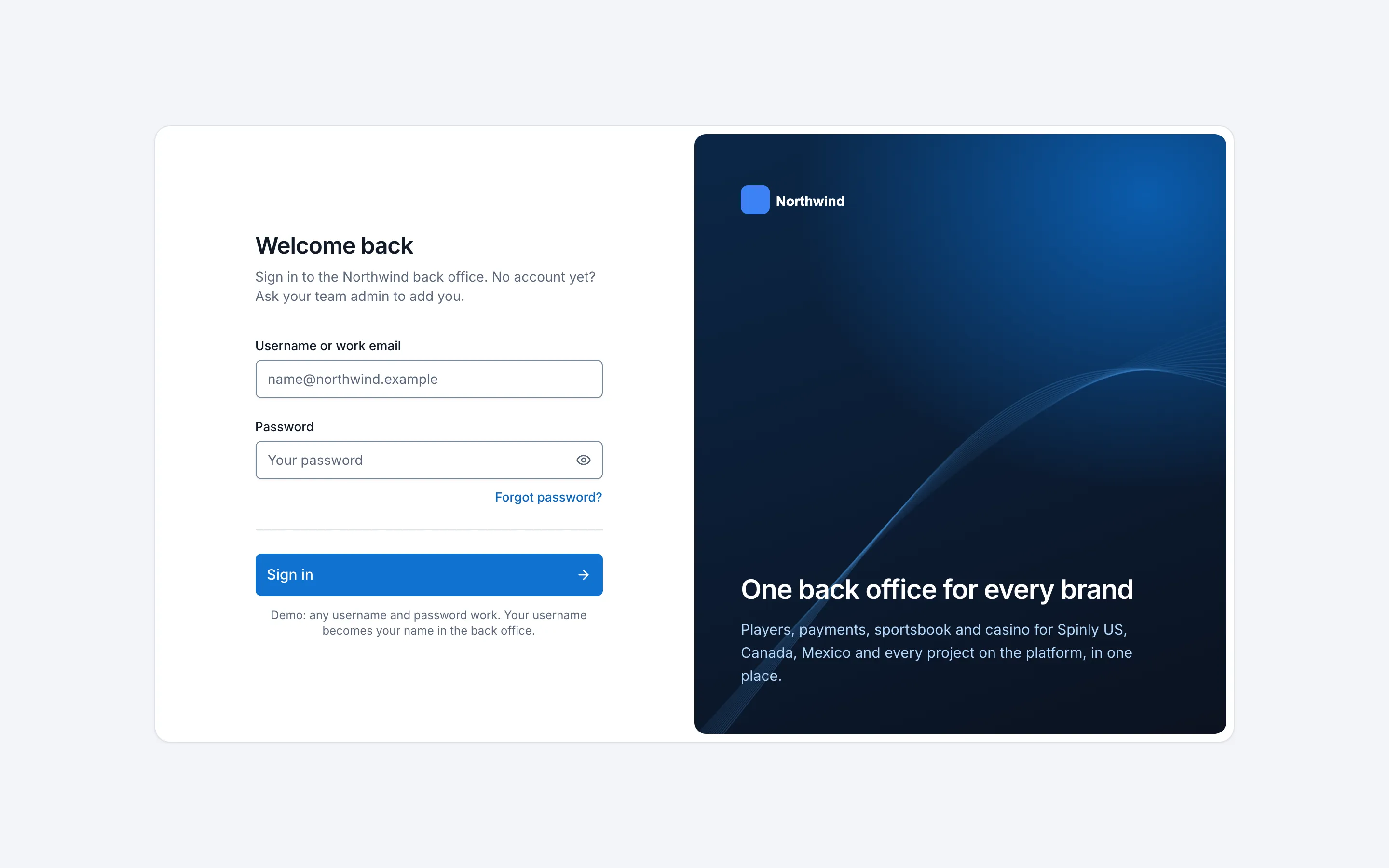 Back-office sign-in page with a dark brand panel: One back office for every brand