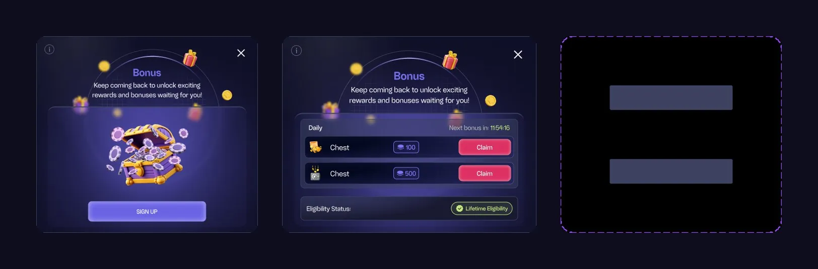Daily bonus modal: guest, logged in and loading states