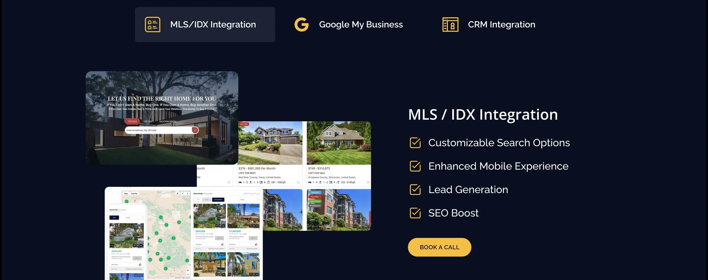 MLS / IDX integration section with listing and map previews