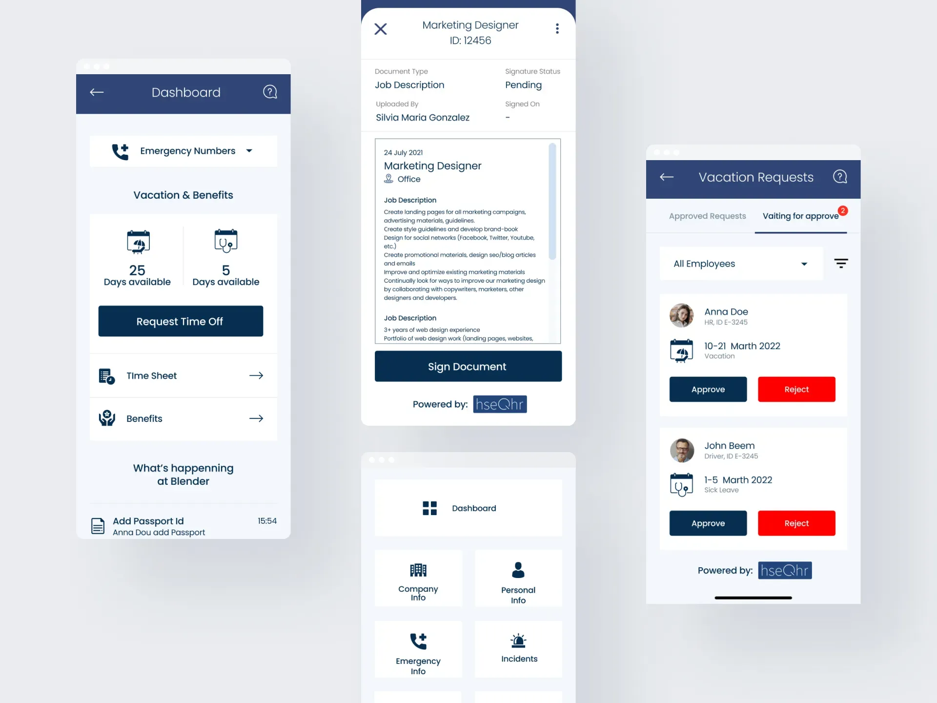 HR mobile app: dashboard with vacation days, a document to sign and vacation requests