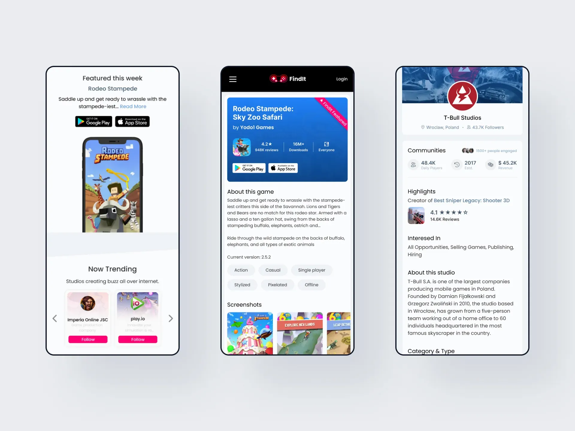 Findit on mobile: featured game, game page and studio profile