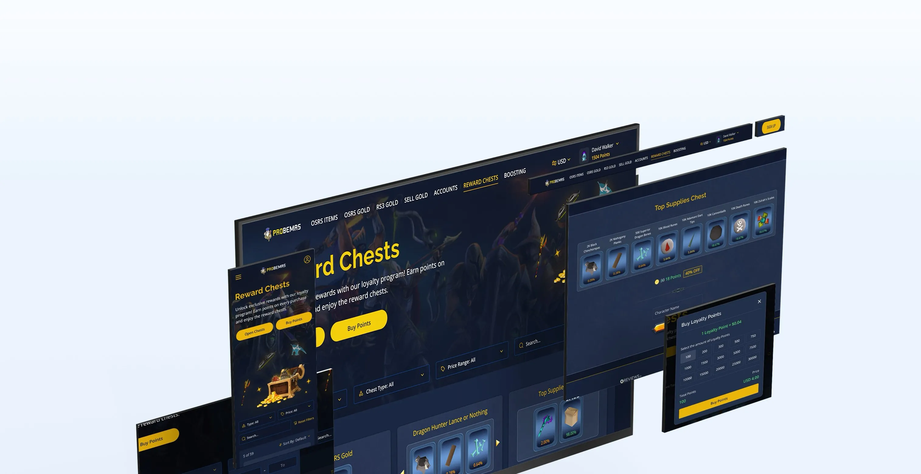 Reward Chests on desktop: a grid of chests with prizes and odds