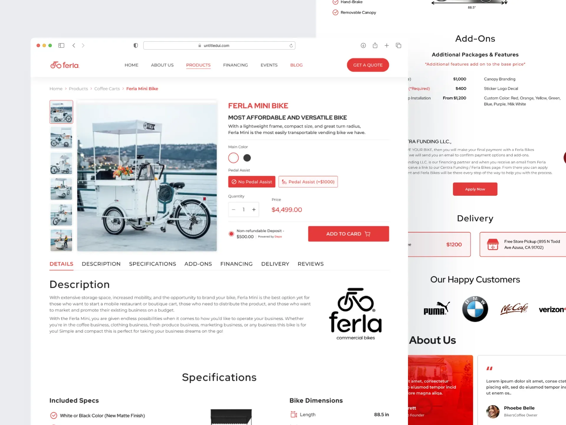 Ferla pages: about, product categories, add-ons and customers