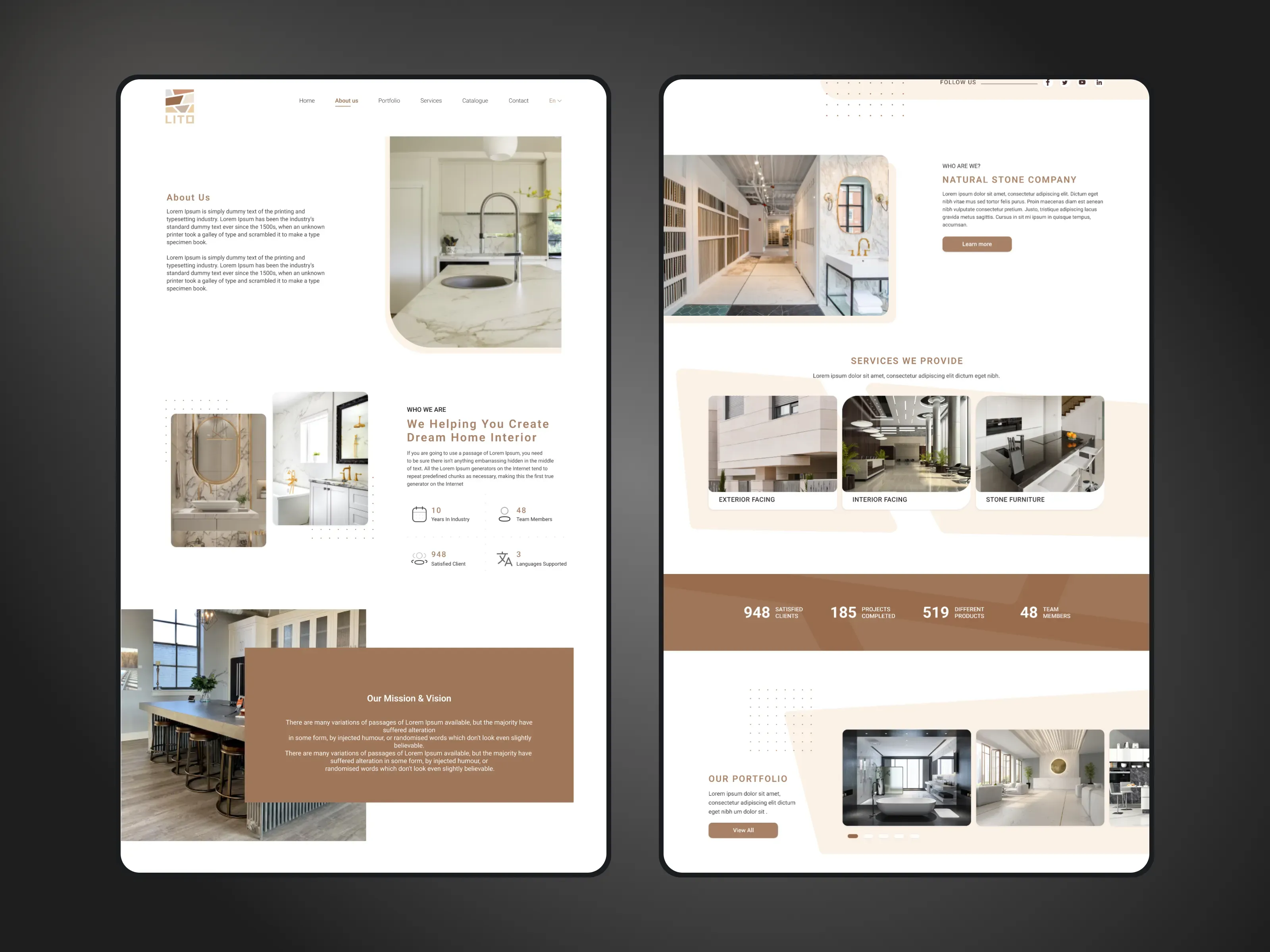 Lito About and Home pages: services, numbers and portfolio
