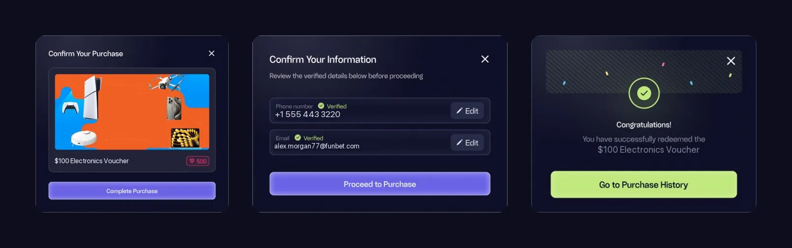 Purchase flow: confirm the prize, confirm verified contact details, success
