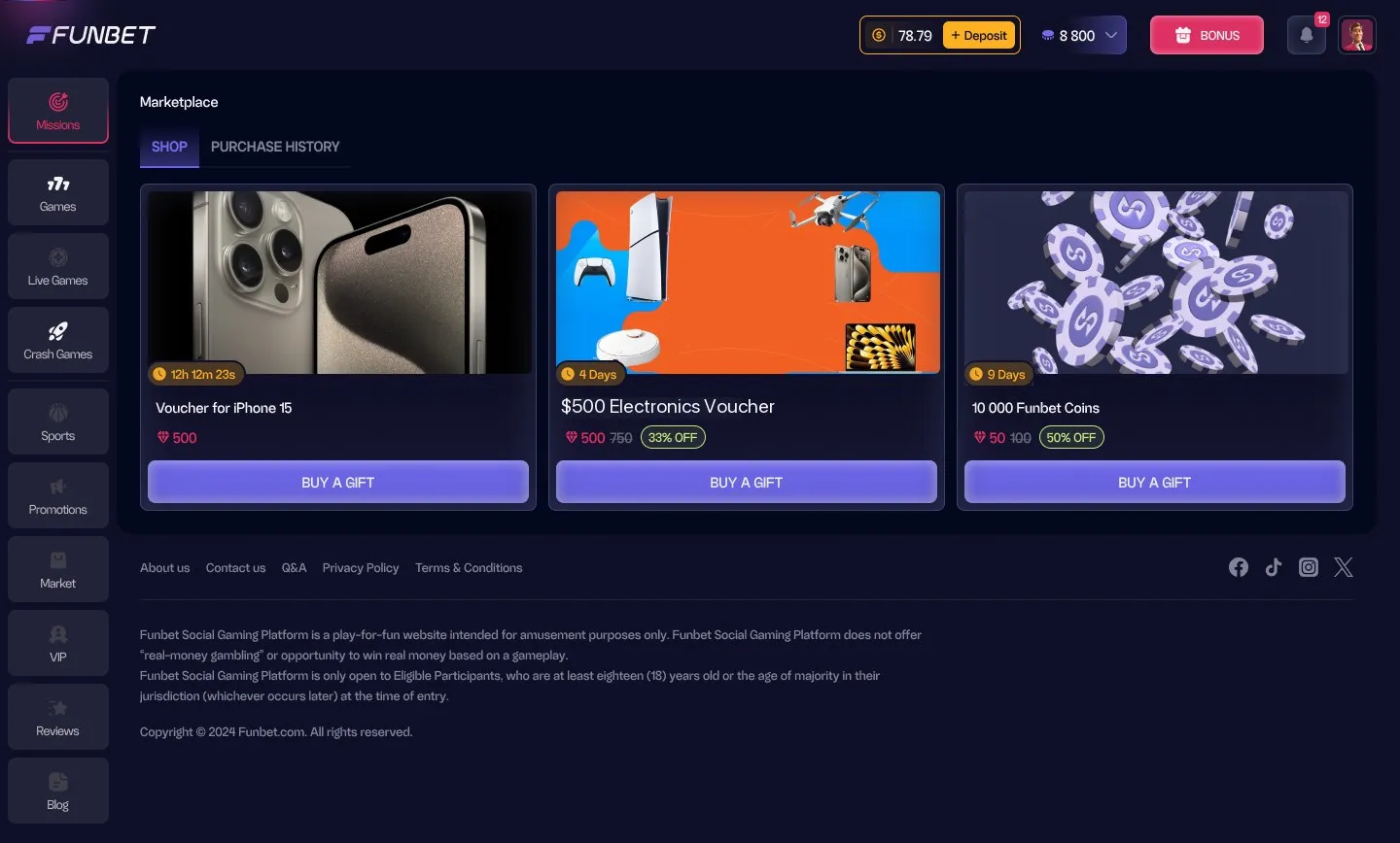 Marketplace with voucher and coin prizes