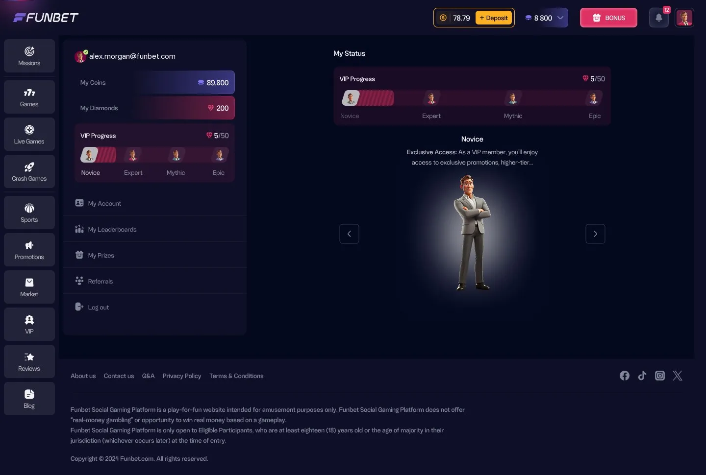 Profile with coins, diamonds and VIP progress, and the Novice level