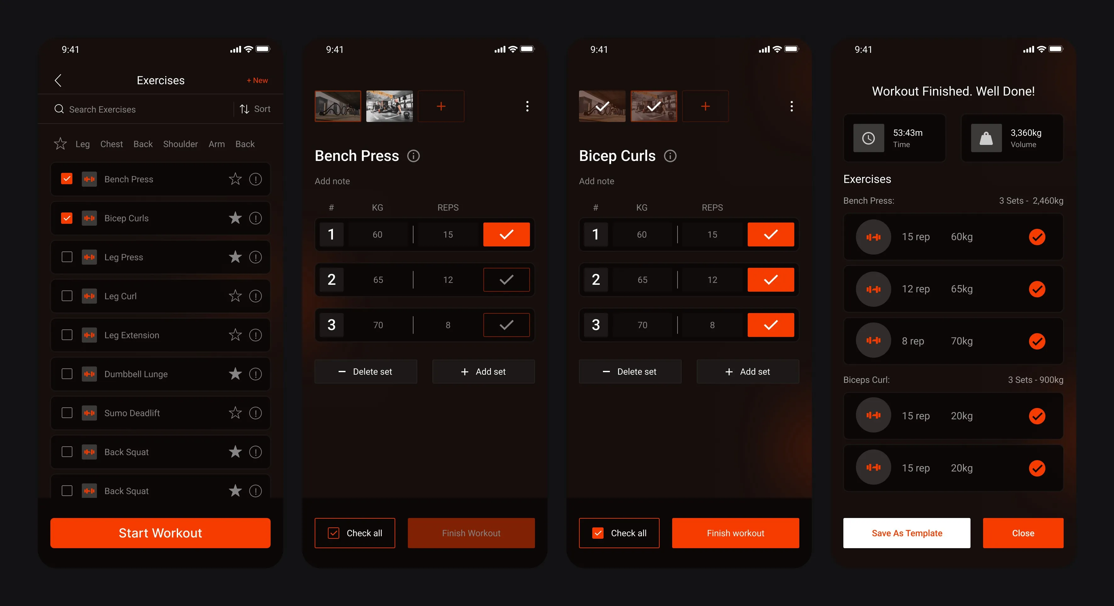 Logging a workout: choose exercises, log sets, finish and save as template